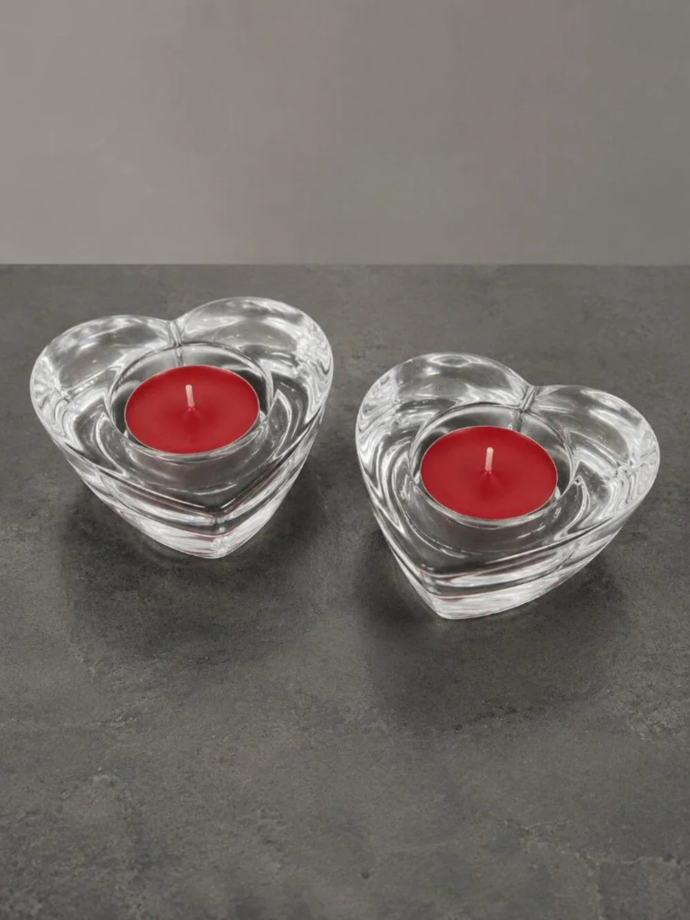 Crate & Barrel Clear Glass Heart Votive Candle Holders Pair Red Candles